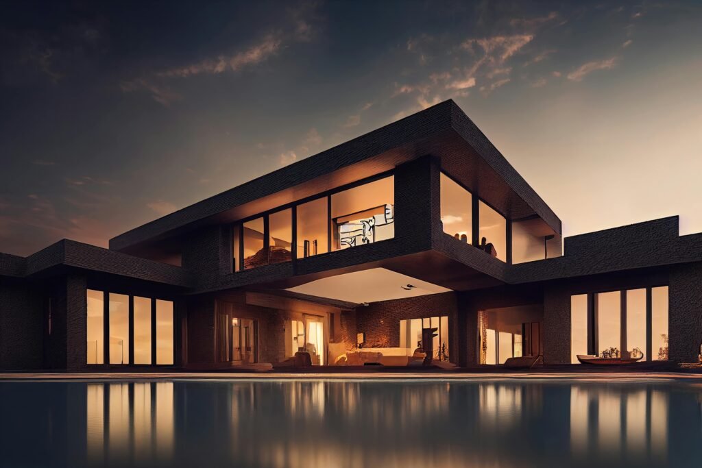 A stunning modern mansion with a poolside view reflecting the sunset sky.